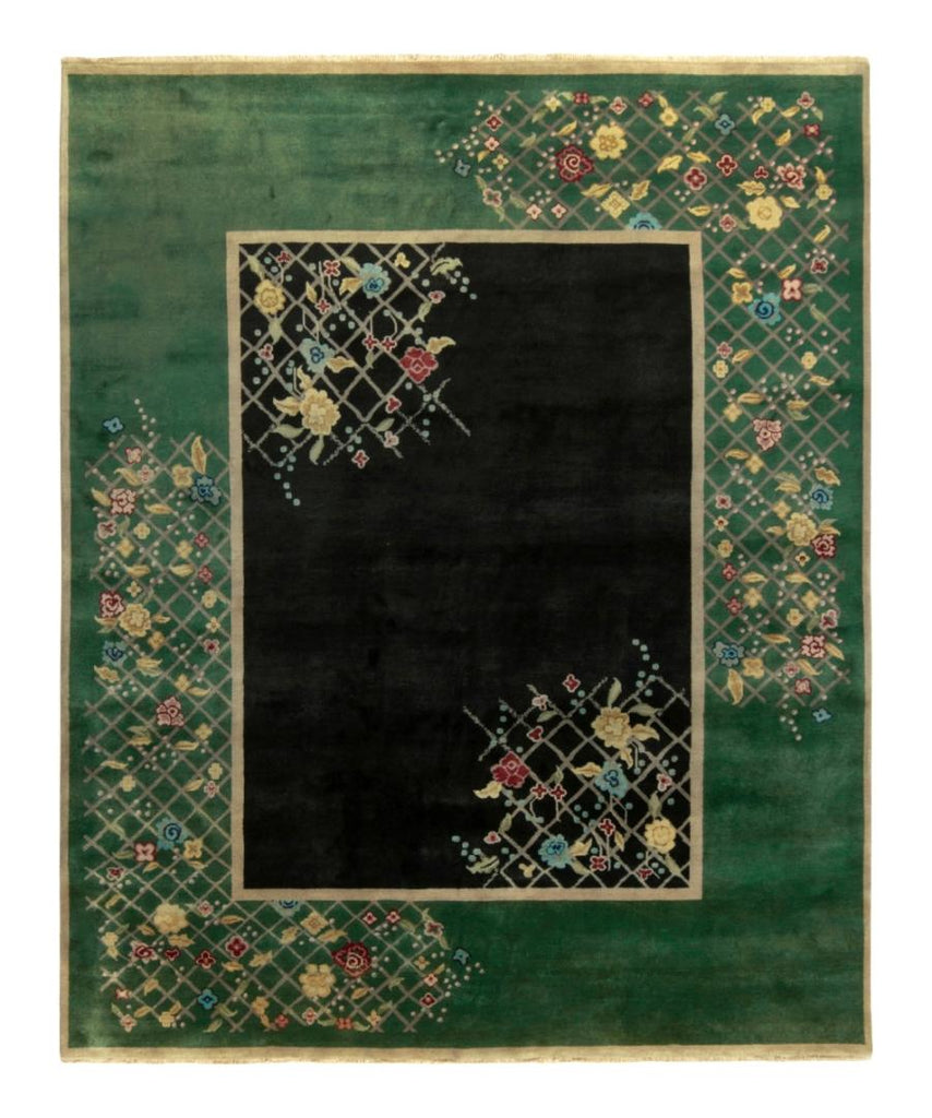 Chinese Deco Rug in Teal-Green, Black with Colorful Florals