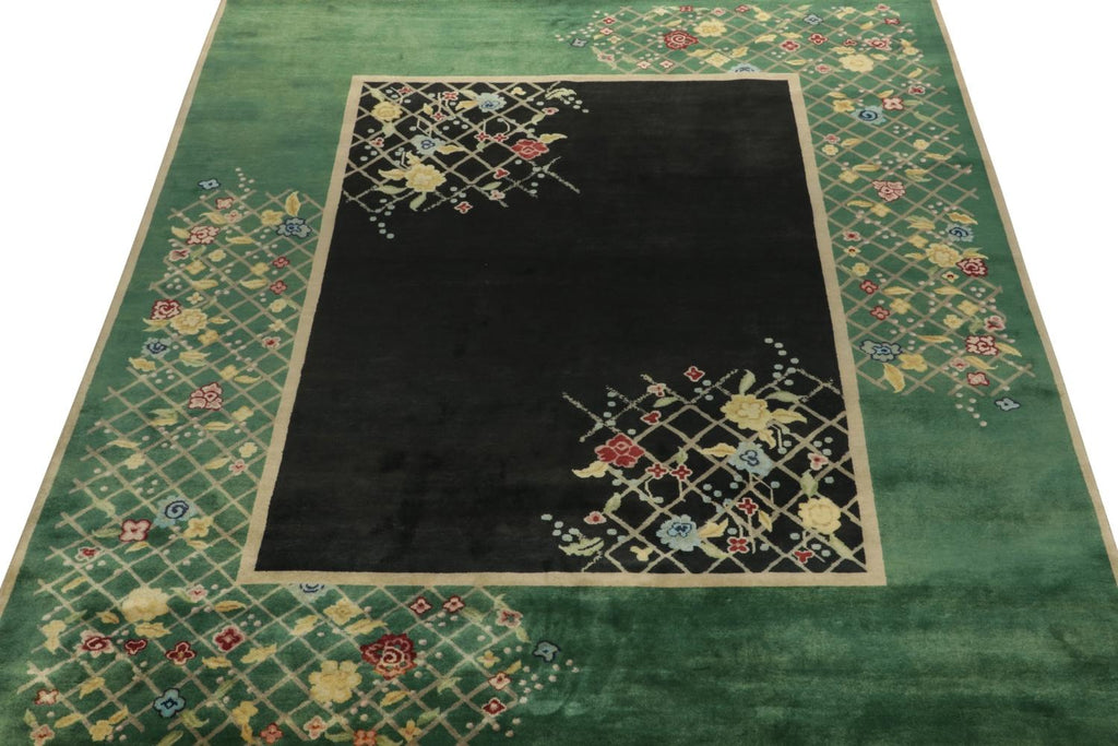 Chinese Deco Rug in Teal-Green, Black with Colorful Florals