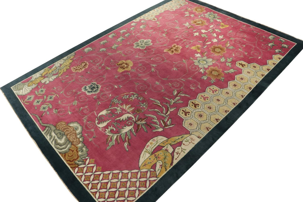 Chinese Art Deco Rug in Pink with Blue Border, Gold Florals