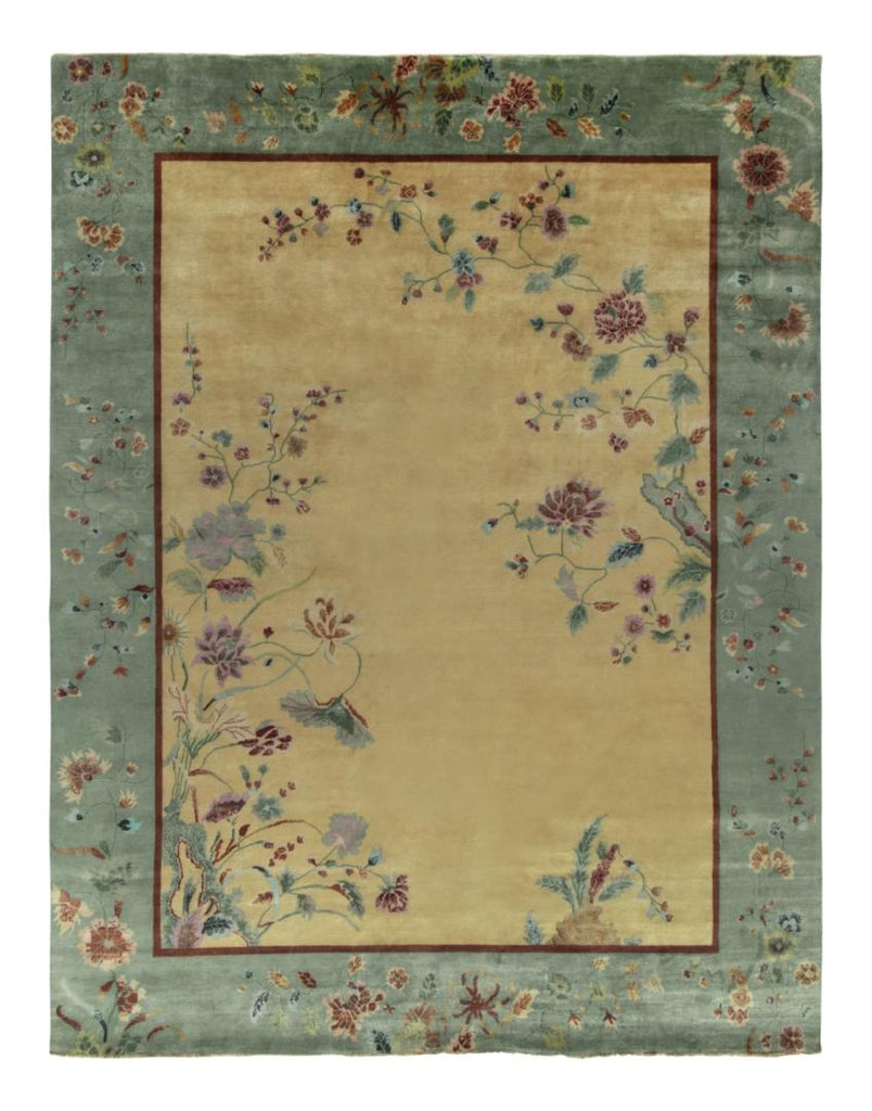 Chinese Art Deco Rug with Teal Border, Gold Field and Florals