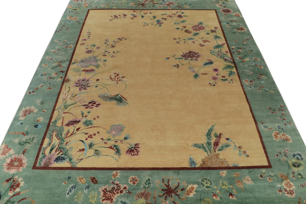 Chinese Art Deco Rug with Teal Border, Gold Field and Florals