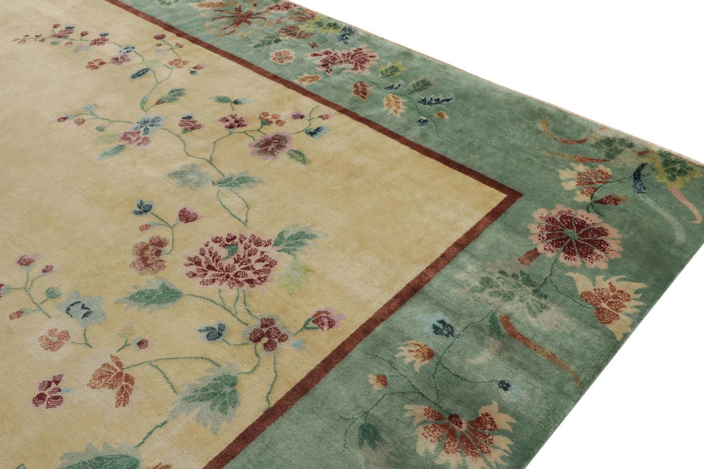 Chinese Art Deco Rug with Teal Border, Gold Field and Florals