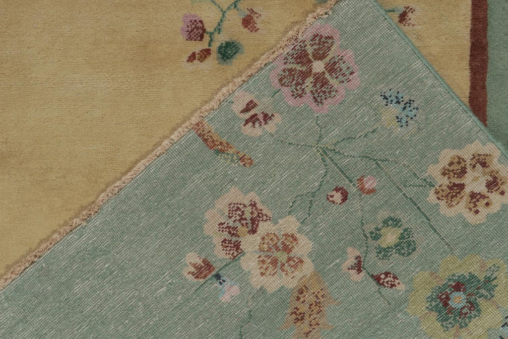 Chinese Art Deco Rug with Teal Border, Gold Field and Florals