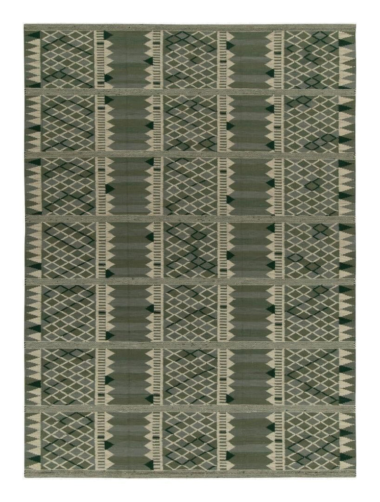 Scandinavian Style Kilim In Green & White Geometric Pattern