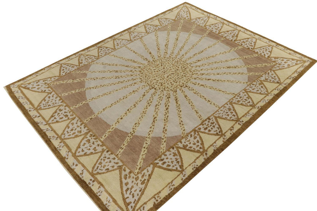 French Deco Rug in Goldenrod and Beige-Brown Patterns