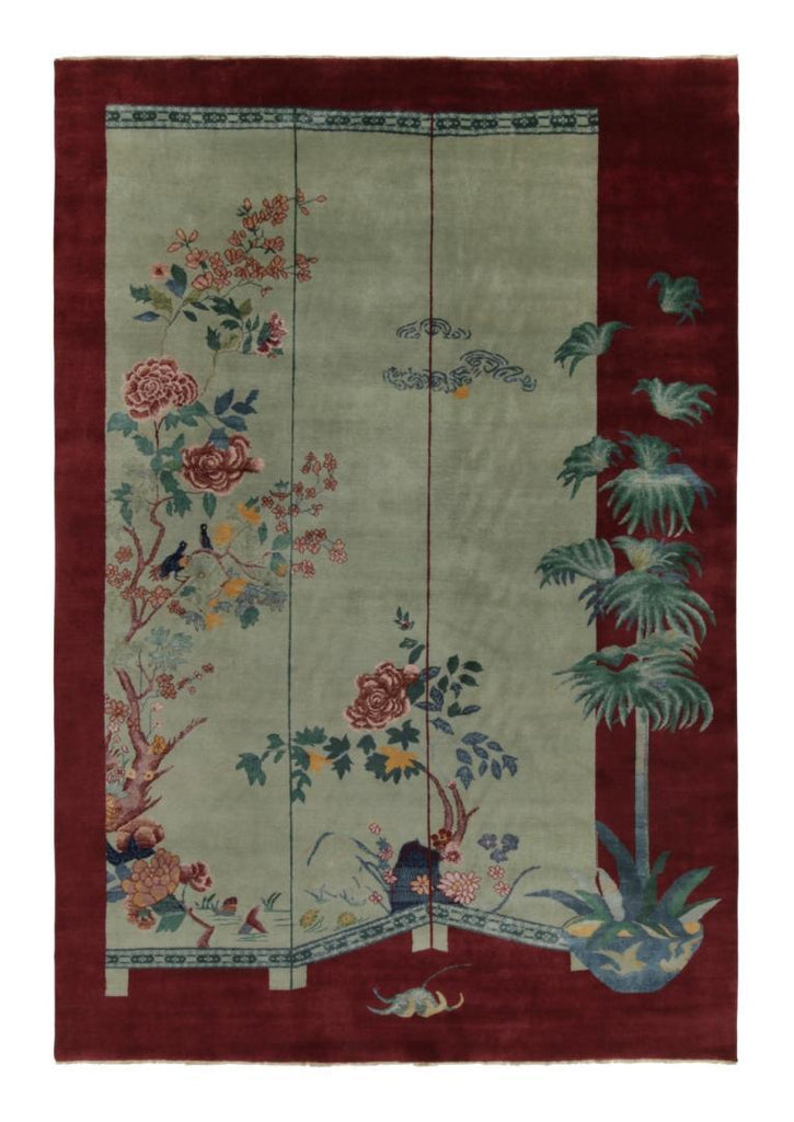 Chinese Art Deco Rug in Red with Green and Blue Pictorial