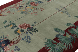 Chinese Art Deco Rug in Red with Green and Blue Pictorial