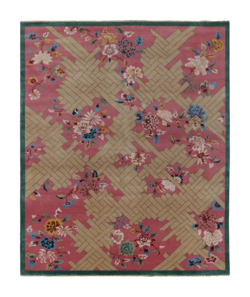 Chinese Deco Rug in Pink, Beige and Blue Floral Patterns