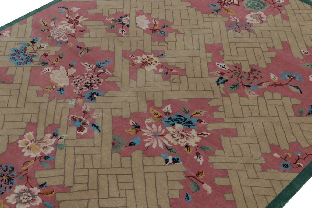 Chinese Deco Rug in Pink, Beige and Blue Floral Patterns
