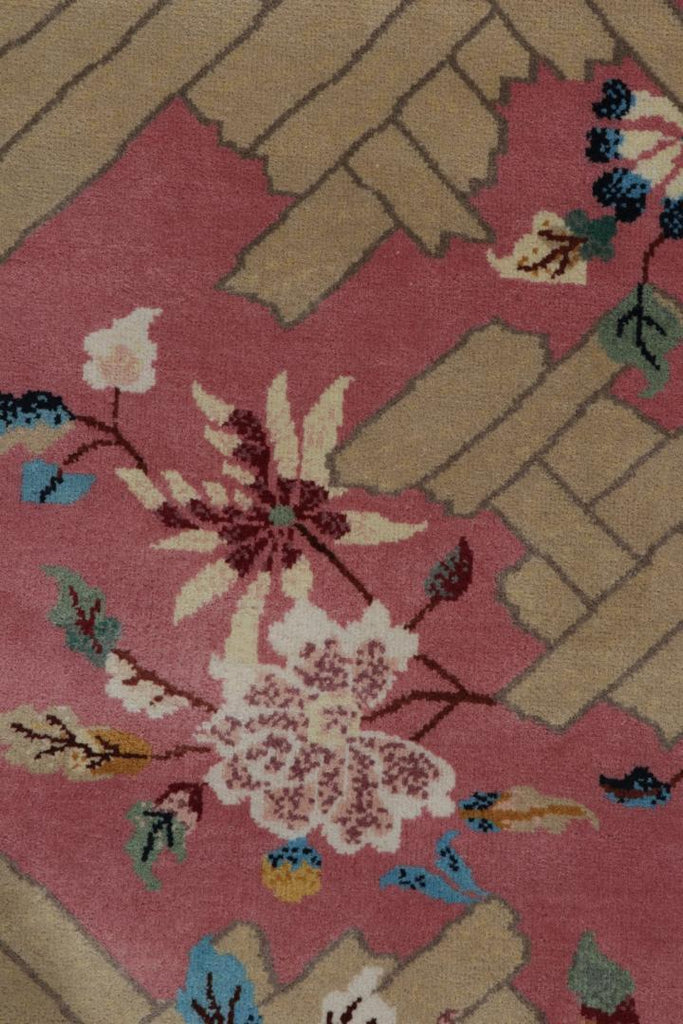 Chinese Deco Rug in Pink, Beige and Blue Floral Patterns