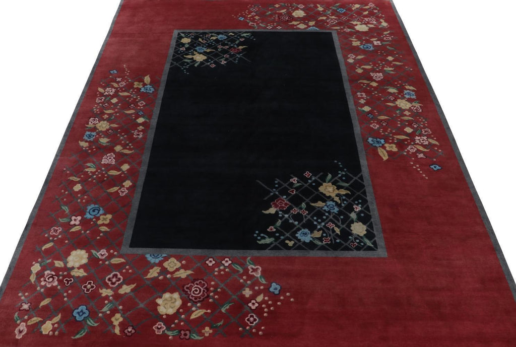 Chinese Deco Rug in Black and Red with Colorful Florals, 120"x163"