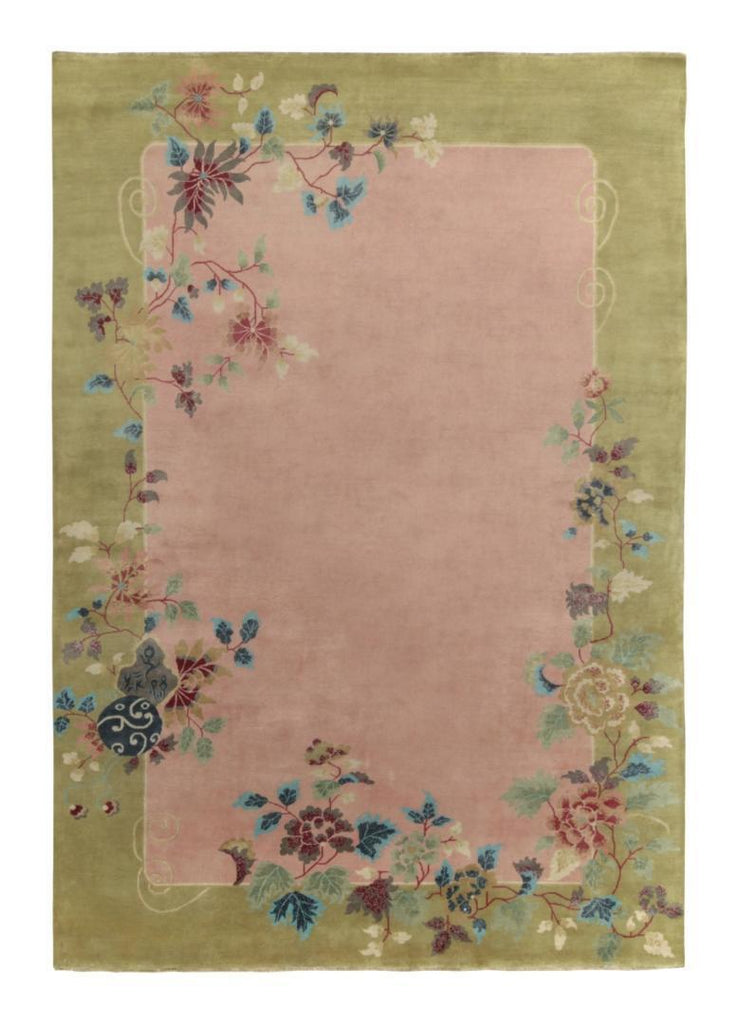 Chinese Art Deco Rug in Pink, Green Border and Floral Patterns