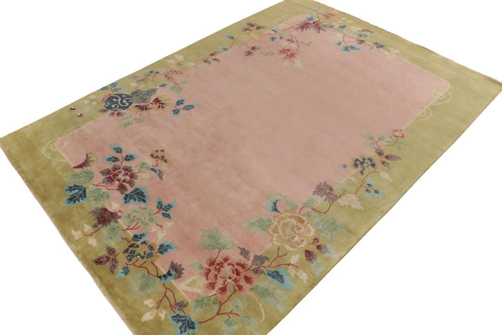 Chinese Art Deco Rug in Pink, Green Border and Floral Patterns