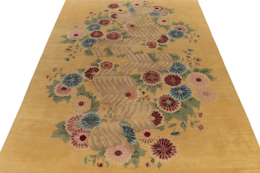 Chinese Art Deco Rug in Gold with Red and Blue Floral Patterns