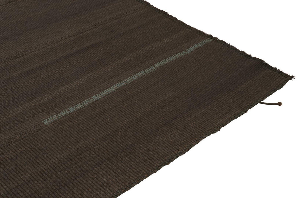 Contemporary Oversized Kilim in Brown Muted Stripes, Blue Accents