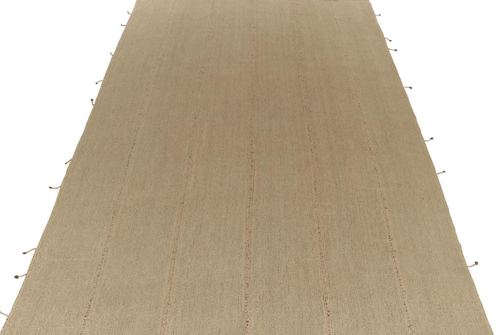 Contemporary Kilim in Sandy, Solid Beige-Brown Panel Woven Style, 123"x179"
