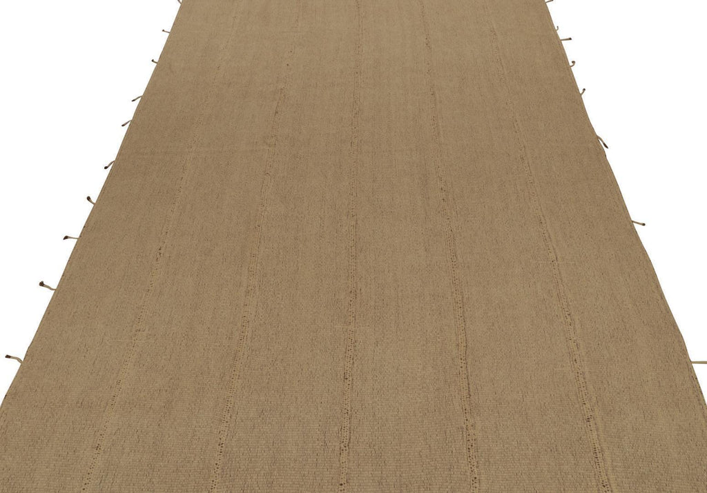 Contemporary Kilim in Sandy, Solid Beige-Brown Panel Woven Style, 122"x178"