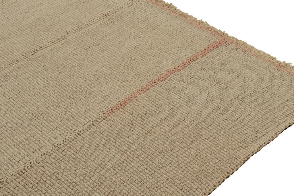 Contemporary Kilim in Sandy, Solid Beige-Brown with Pink Accents