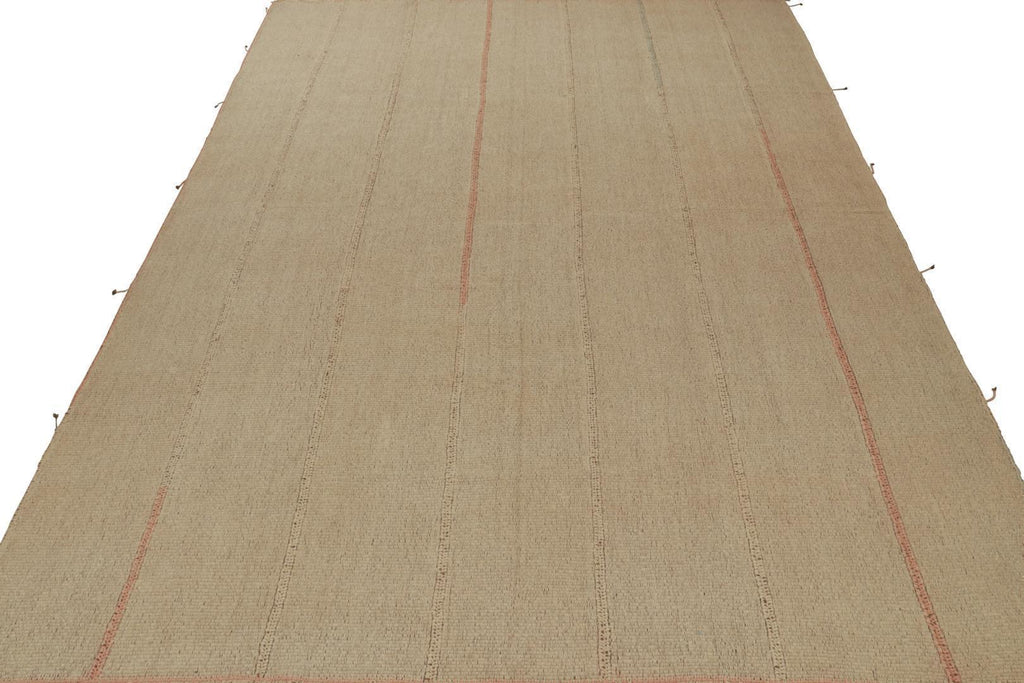 Contemporary Kilim in Sandy, Solid Beige-Brown with Pink Accents