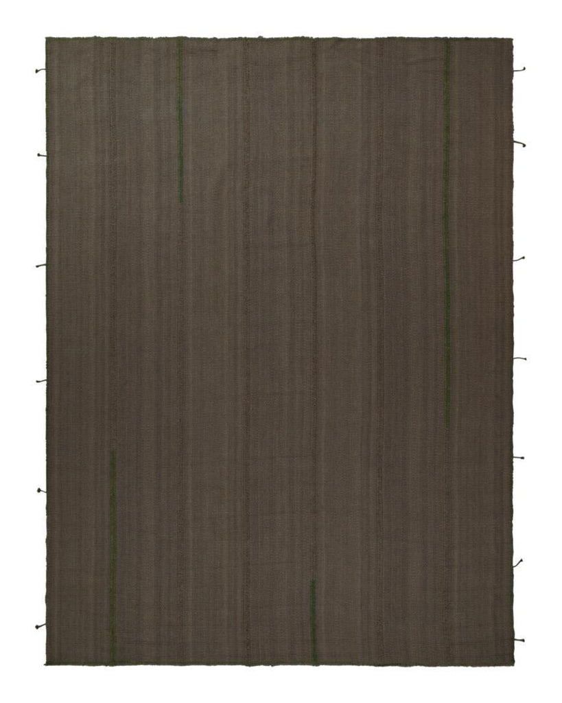 Contemporary Kilim in Brown with Green Accents, Muted Stripes
