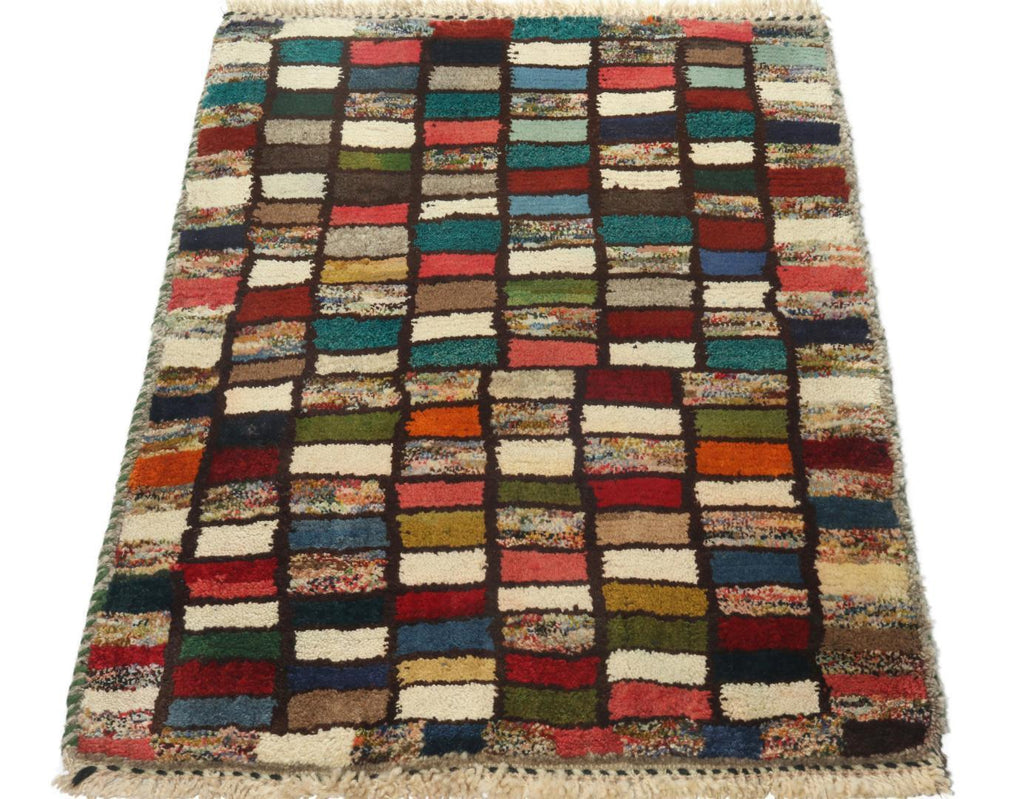 Vintage Gabbeh Rug In White Blue Green Red Tribal Geometric Pattern