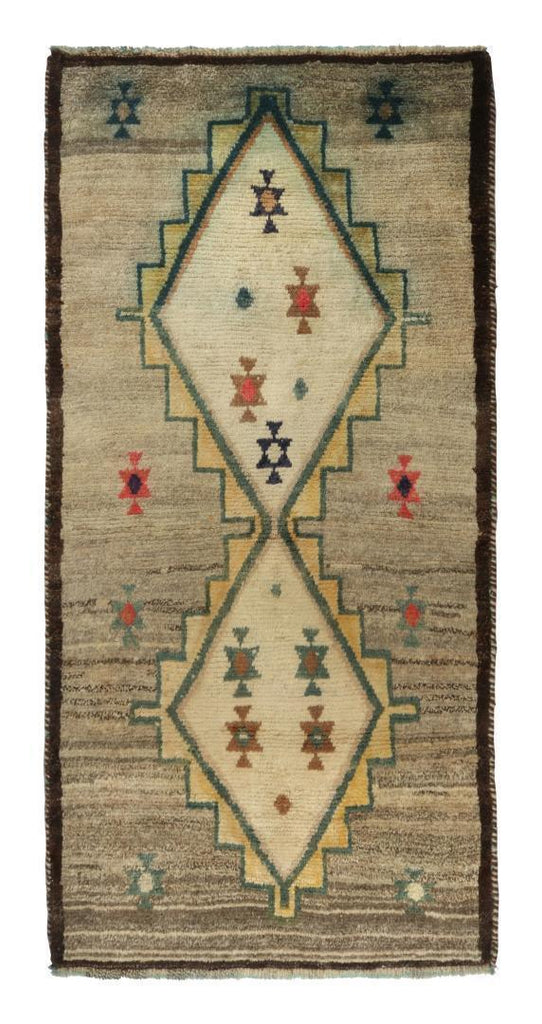 Vintage Gabbeh Tribal Runner In Beige Gold & Green Lozenge Medallion Pattern