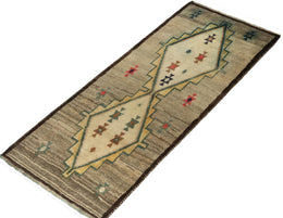 Vintage Gabbeh Tribal Runner In Beige Gold & Green Lozenge Medallion Pattern