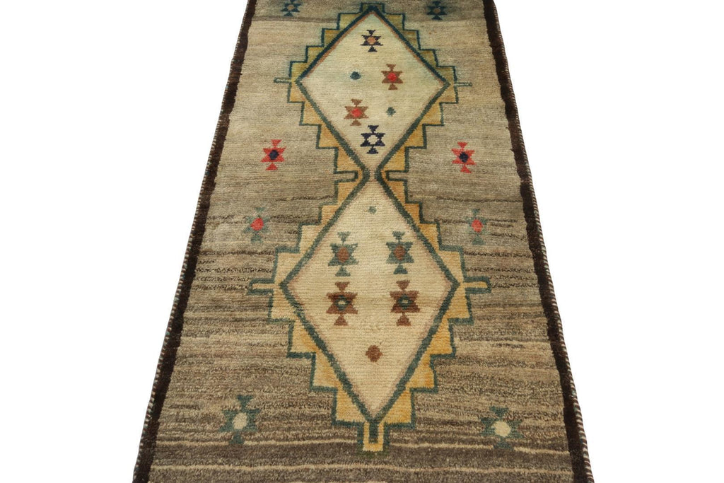 Vintage Gabbeh Tribal Runner In Beige Gold & Green Lozenge Medallion Pattern