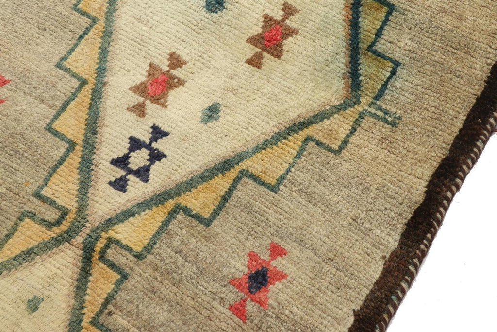 Vintage Gabbeh Tribal Runner In Beige Gold & Green Lozenge Medallion Pattern