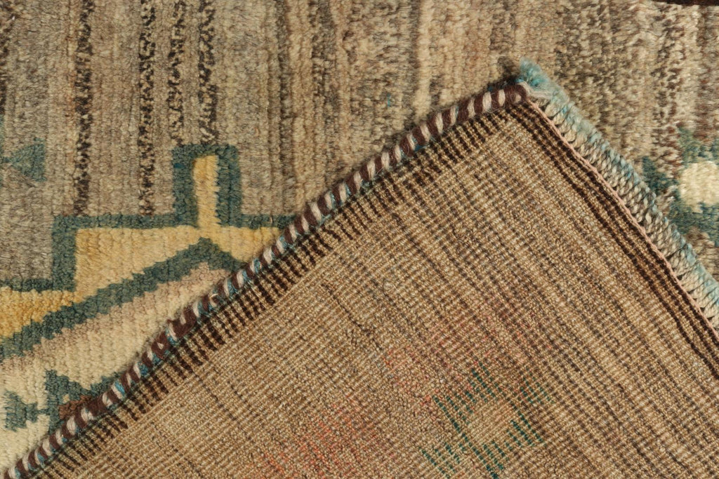 Vintage Gabbeh Tribal Runner In Beige Gold & Green Lozenge Medallion Pattern