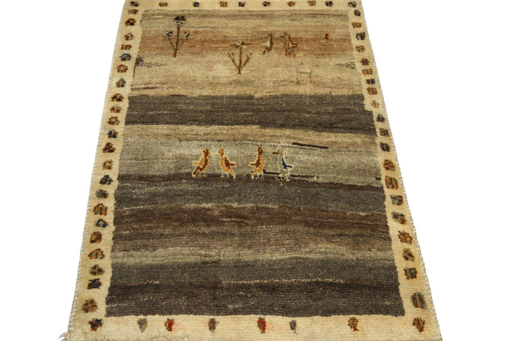 Vintage Gabbeh Tribal Rug In Beige Brown And Gray With Gold Motifs