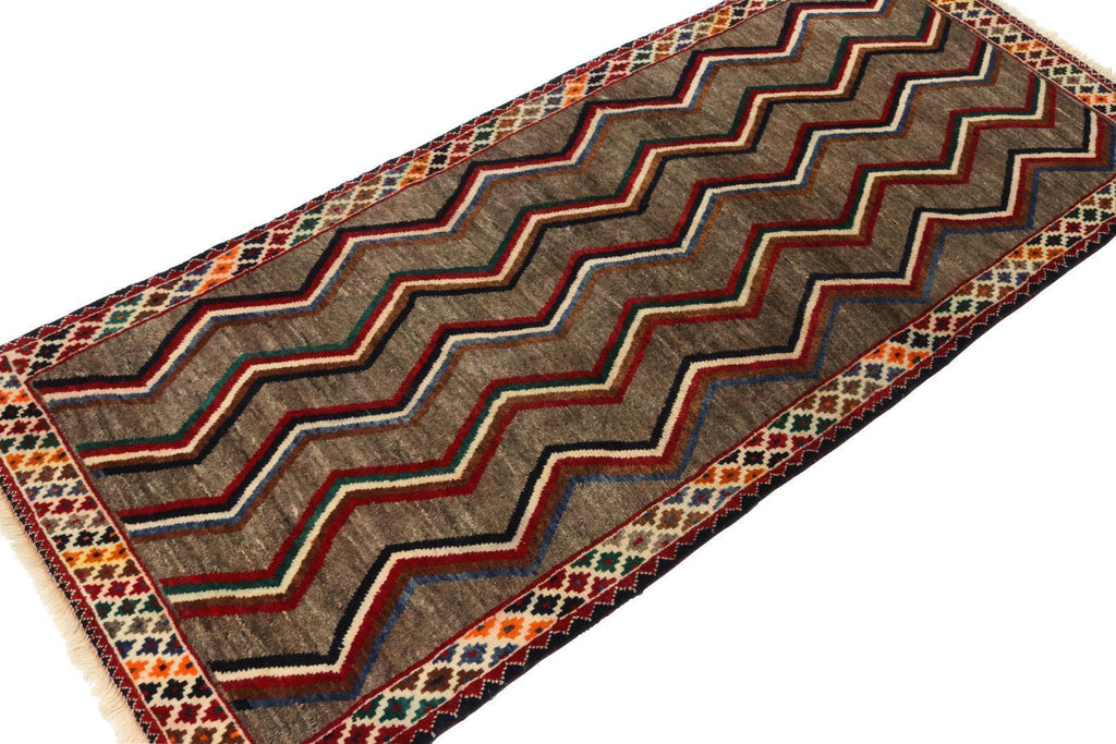 Vintage Gabbeh Tribal Runner In Brown With Vibrant Chevron Patterns