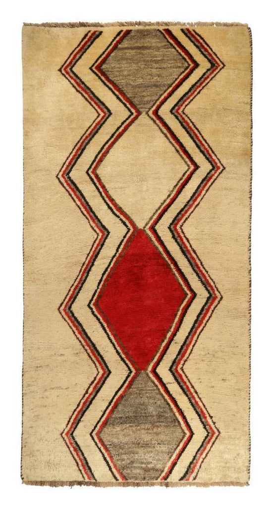 Vintage Gabbeh Tribal Runner In Beige With Grey Red Black Chevron Patterns