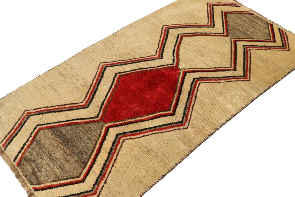 Vintage Gabbeh Tribal Runner In Beige With Grey Red Black Chevron Patterns