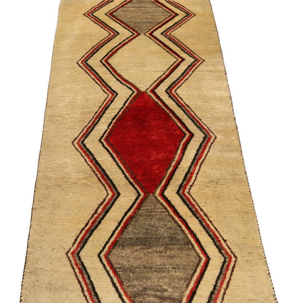 Vintage Gabbeh Tribal Runner In Beige With Grey Red Black Chevron Patterns