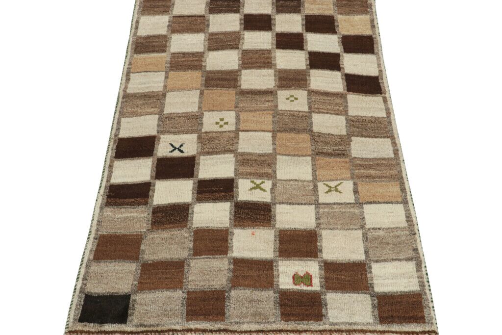Vintage Gabbeh Tribal Rug In Beige-brown, White And Gray Square Patterns