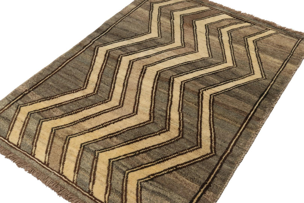 Vintage Gabbeh Rug In Gray And Beige Brown Chevron Patterns