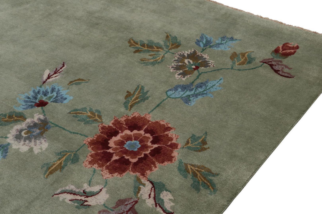 Chinese Art Deco Rug in Green with Floral Patterns