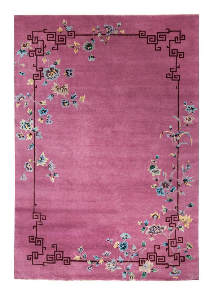 Chinese Style Art Deco Rug in Pink with Colorful Floral Patterns