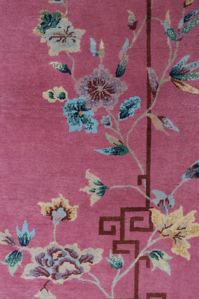 Chinese Style Art Deco Rug in Pink with Colorful Floral Patterns