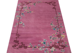 Chinese Style Art Deco Rug in Pink with Colorful Floral Patterns