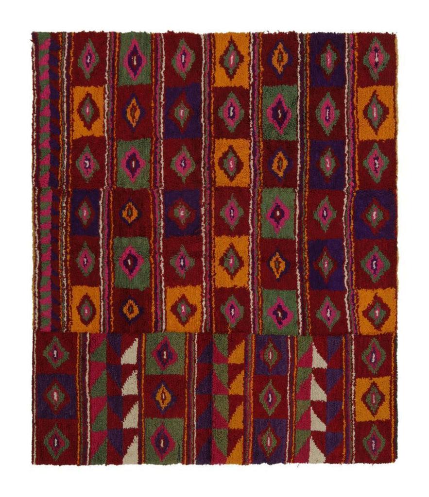 Vintage Tulu Tribal Rug In Red With Polychromatic Diamond Patterns