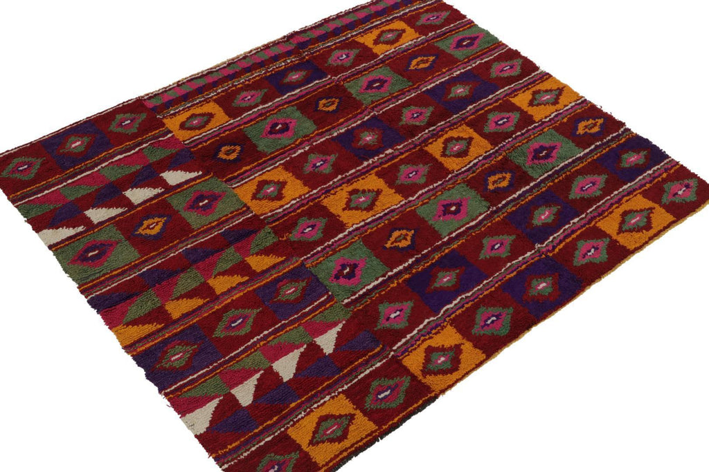 Vintage Tulu Tribal Rug In Red With Polychromatic Diamond Patterns