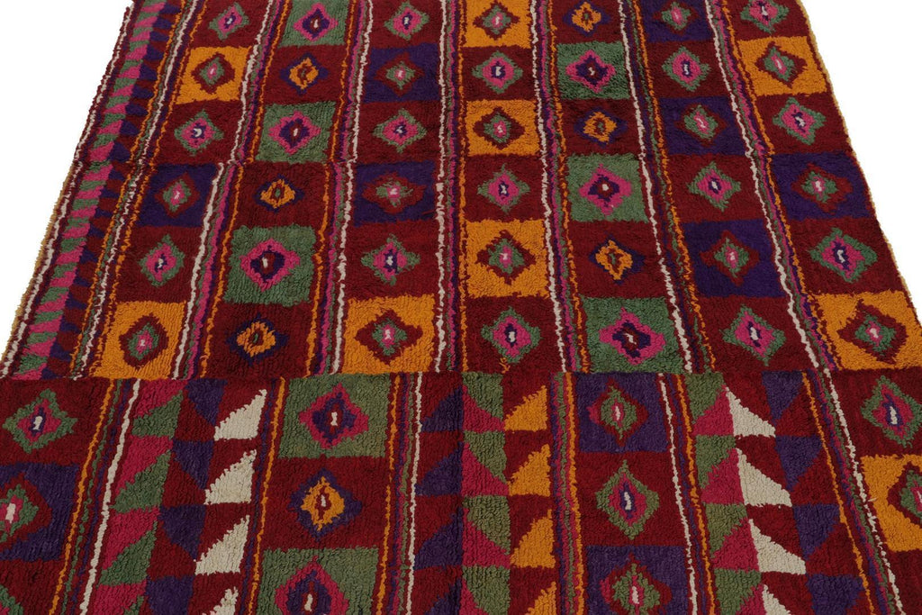 Vintage Tulu Tribal Rug In Red With Polychromatic Diamond Patterns