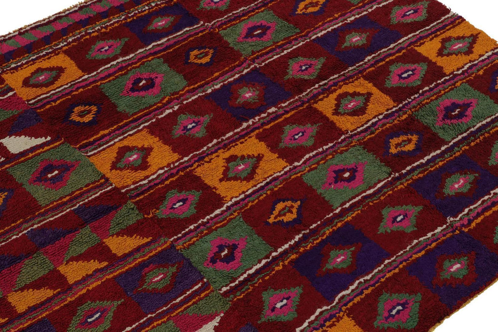 Vintage Tulu Tribal Rug In Red With Polychromatic Diamond Patterns