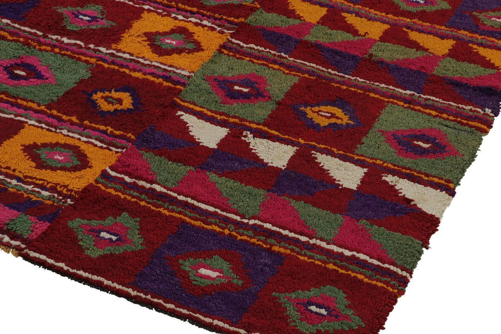 Vintage Tulu Tribal Rug In Red With Polychromatic Diamond Patterns