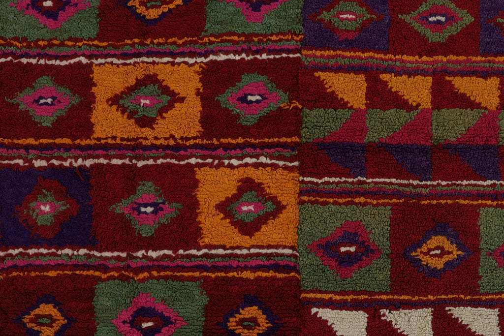 Vintage Tulu Tribal Rug In Red With Polychromatic Diamond Patterns