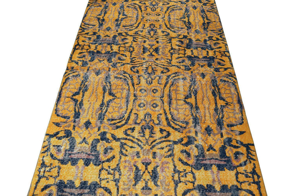 Vintage Distressed Zeki Muren Rug In Gold And Blue Patterns