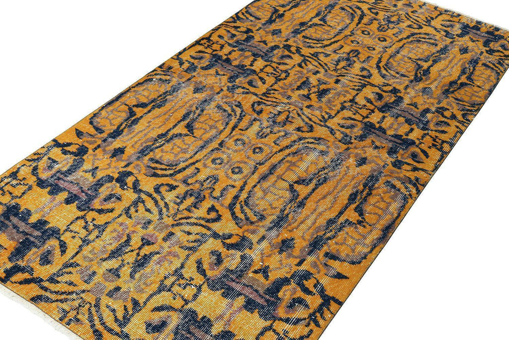 Vintage Distressed Zeki Muren Rug In Gold And Blue Patterns