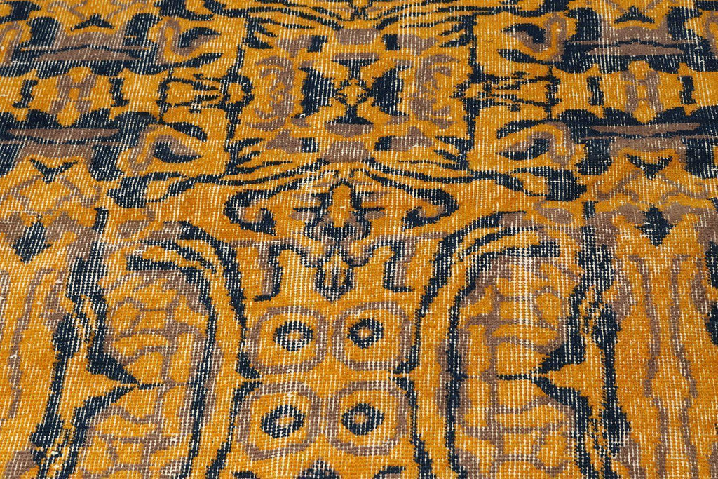 Vintage Distressed Zeki Muren Rug In Gold And Blue Patterns